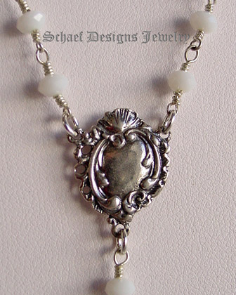 White opal & sterling silver chain rosary style necklace with silver fleur de lis charms | artisan handcrafted upscale online jewelry gallery boutique | Schaef Designs Gemstone Jewerly | Signature Collection | San Diego, CA 