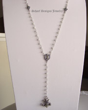  White opal & sterling silver chain rosary style necklace with silver fleur de lis charms | artisan handcrafted upscale online jewelry gallery boutique | Schaef Designs Gemstone Jewerly | Signature Collection | San Diego, CA 