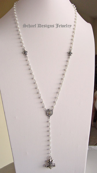 White opal & sterling silver chain rosary style necklace with silver fleur de lis charms | artisan handcrafted upscale online jewelry gallery boutique | Schaef Designs Gemstone Jewerly | Signature Collection | San Diego, CA 