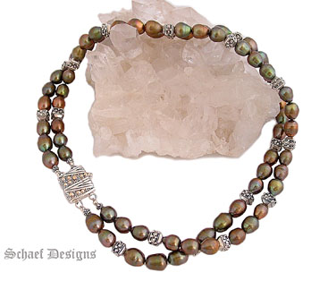 Shaded Olive Tone Pearl Necklace with Sterling Silver & Gold Box Clasp