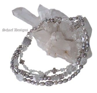 Schaef Designs Signature 4-Strand Platinum Freshwater Pearl, Clear Quartz, & Sterling Silver Necklace