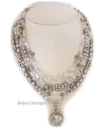 Single Strand Pearl, White Topaz, & Silver Necklace Layered with Schaef Designs Signature 4-Strand Pearl, Clear Quartz & Sterling Silver Necklace