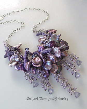 Purple coral, petal pearl, scorolite, mystic blue quartz, & sterling silver necklace | artisan handcrafted pearl & gemstone jewelry | online upscale designer jewelry gallery boutique | Schaef Designs designer pearl & gemstone jewelry | San Diego, CA