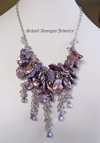 Purple coral, petal pearl, scorolite, mystic blue quartz, & sterling silver necklace | artisan handcrafted pearl & gemstone jewelry | online upscale designer jewelry gallery boutique | Schaef Designs designer pearl & gemstone jewelry | San Diego, CA