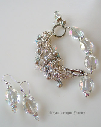 Dove Gray Pearl AB Clear Quartz & Swarovski Crystal & Sterling Silver Chain Bracelet | online upscale artisan handcrafted jewelry boutique | Schaef Designs Pearl Jewelry | San Diego, CA