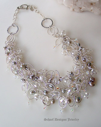 Gray Pearl & AB Quartz & Swarovski Crystal multi chain Sterling Silver Necklace | Online upscale artisan handcrafted jewelry boutique | Schaef Designs Pearl Jewelry | San Diego, CA