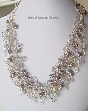 Gray Pearl & AB Quartz & Swarovski Crystal multi chain Sterling Silver Necklace | Online upscale artisan handcrafted jewelry boutique | Schaef Designs Pearl Jewelry | San Diego, CA