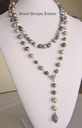 Schaef Designs Multi colored tahitian pearls lariat style necklace with pave diamond swirl pendant | New Mexico 