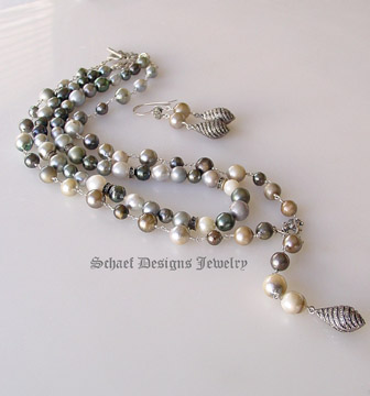 Schaef Designs Multi colored tahitian pearls lariat style necklace with pave diamond swirl pendant | New Mexico 