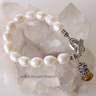 Creamy White freshwater pearl bracelet with sterling silver toggle & onion briolette charm | online upscale artisan handcrafted jewelry boutique | Schaef Designs Pearl Jewelry | San Diego, CA  