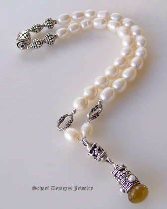 Creamy white freshwater pearls & Sterling silver necklace with onion cut beer quartz briolette pendant | Online upscale artisan handcrafted pearl & gemstone jewelry boutique | Schaef Designs Pearl Jewelry | San Diego, CA 