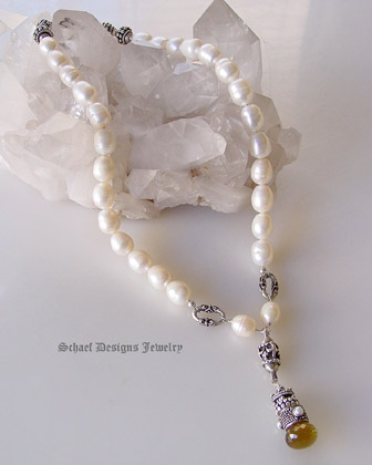 Schaef Designs Creamy white freshwater pearls & Sterling silver necklace with onion cut beer quartz briolette pendant | New Mexico