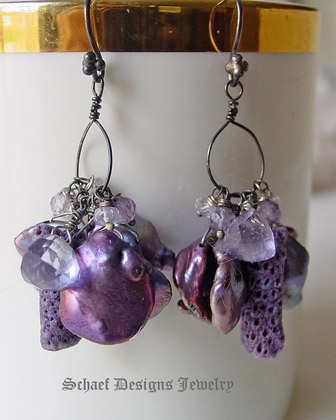 Schaef Designs Mystic topaz, scorolite, purple coral and peacock petal pearl & patinaed sterling silver Dangle Earrings | New Mexico 