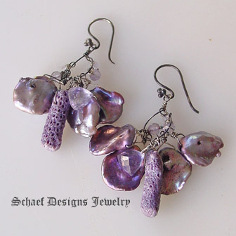 Schaef Designs Mystic topaz, scorolite, purple coral and peacock petal pearl & patinaed sterling silver Dangle Earrings | New Mexico