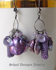  Mystic topaz, purple coral and peacock petal pearl & patinaed sterling silver Dangle Earrings | Schaef Designs artisan handcrafted gemstone & pearl earrings | online upscale jewelry boutique | San Diego, CA  