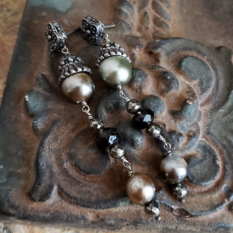 Schaef Designs shaded Tahitian Pearl & faceted bronze pyrite & smokey topaz dangle post earrings | New Mexico  