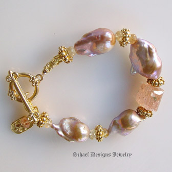 Irridescent Pink to Peach Freshwater Pearls, Imperial Topaz & 22kt Gold Vermeil Bracelet  | Online upscale artisan handcrafted pearl & gemstone jewelry boutique | Schaef Designs Pearl Jewelry | Arizona 