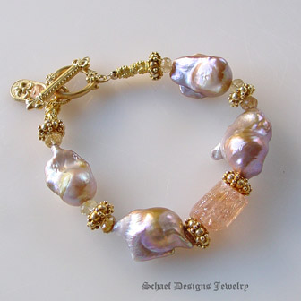 Irridescent Pink to Peach Freshwater Pearls, Imperial Topaz & 22kt Gold Vermeil Bracelet  | Online upscale artisan handcrafted pearl & gemstone jewelry boutique | Schaef Designs Pearl Jewelry | Arizona