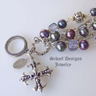  Schaef Designs tanzanite mystic quartz, freshwater peacock pearl, 24kt gold vermeil & sterling silver figaro chain multi strand signature bracelet | New Mexico 