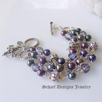 Schaef Designs tanzanite mystic quartz, freshwater peacock pearl, 24kt gold vermeil & sterling silver figaro chain multi strand signature bracelet | New Mexico 