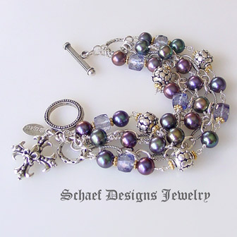 Schaef Designs tanzanite mystic quartz, freshwater peacock pearl, 24kt gold vermeil & sterling silver figaro chain multi strand signature bracelet | New Mexico