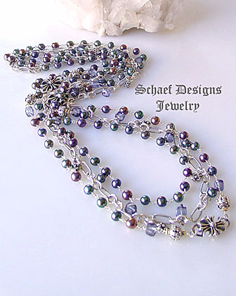 Tanzanite mystic quartz , peacock freshwater pearl, & sterling silver figaro chain signature designer suite of necklaces | 3 necklaces| online upscale artisan handcrafted pearl & gemstone jewelry boutique gallery |  Tahitian Pearl Jewelry | Schaef Designs Fine Jewelry New Mexico 