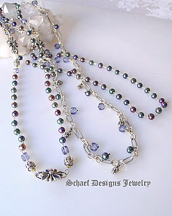 Tanzanite mystic quartz , peacock freshwater pearl, & sterling silver figaro chain signature designer suite of necklaces | 3 necklaces| online upscale artisan handcrafted pearl & gemstone jewelry boutique gallery |  Tahitian Pearl Jewelry | Schaef Designs Fine Jewelry New Mexico