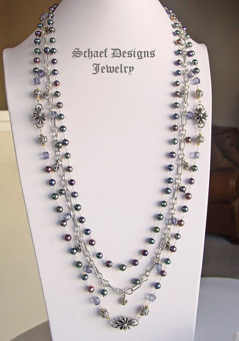 Tanzanite mystic quartz , peacock freshwater pearl, & sterling silver figaro chain signature designer suite of necklaces | 3 necklaces| online upscale artisan handcrafted pearl & gemstone jewelry boutique gallery |  Tahitian Pearl Jewelry | Schaef Designs Fine Jewelry New Mexico 