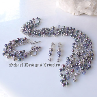  Schaef Designs tanzanite mystic quartz, freshwater peacock pearl, 24kt gold vermeil & sterling silver figaro chain multi strand signature bracelet | New Mexico 