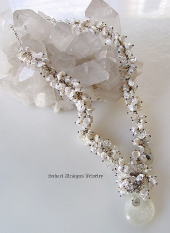 Creamy white keishi pearls solar quartz & smokey topaz necklace with marcasite clasp | online upscale artisan handcrafted pearl & gemstone jewelry boutique gallery | Schaef Designs Keishi Pearl & Gemstone Jewelry | Schaef Designs Fine Jewelry San Diego, CA