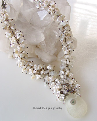 Creamy white keishi pearls solar quartz & smokey topaz necklace with marcasite clasp | online upscale artisan handcrafted pearl & gemstone jewelry boutique gallery | Schaef Designs Keishi Pearl & Gemstone Jewelry | Schaef Designs Fine Jewelry San Diego, CA