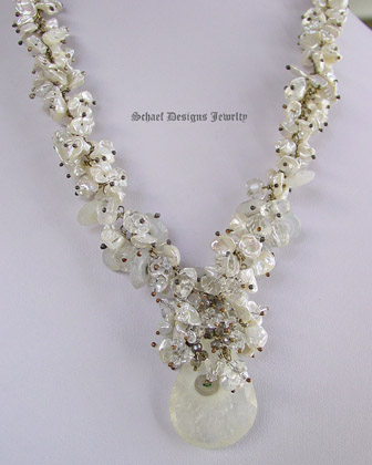 Creamy white keishi pearls solar quartz & smokey topaz necklace with marcasite clasp | online upscale artisan handcrafted pearl & gemstone jewelry boutique gallery | Schaef Designs Keishi Pearl & Gemstone Jewelry | Schaef Designs Fine Jewelry San Diego, CA