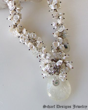 Creamy white keishi pearls solar quartz & smokey topaz necklace with marcasite clasp | online upscale artisan handcrafted pearl & gemstone jewelry boutique gallery | Schaef Designs Keishi Pearl & Gemstone Jewelry | Schaef Designs Fine Jewelry San Diego, CA 