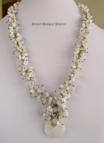 Creamy white keishi pearls solar quartz & smokey topaz necklace with marcasite clasp | online upscale artisan handcrafted pearl & gemstone jewelry boutique gallery | Schaef Designs Keishi Pearl & Gemstone Jewelry | Schaef Designs Fine Jewelry San Diego, CA
