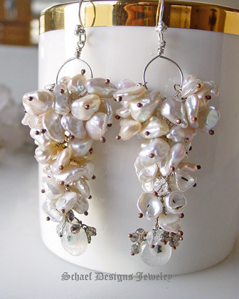 Creamy white keishi pearls solar quartz & smokey topaz long danlge earrings | online upscale artisan handcrafted pearl & gemstone jewelry boutique gallery | Schaef Designs Keishi Pearl & Gemstone Jewelry | Schaef Designs Fine Jewelry San Diego, CA