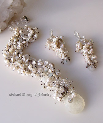 Creamy white keishi pearls solar quartz & smokey topaz long danlge earrings | online upscale artisan handcrafted pearl & gemstone jewelry boutique gallery | Schaef Designs Keishi Pearl & Gemstone Jewelry | Schaef Designs Fine Jewelry San Diego, CA