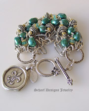 Schaef Designs designer freshwater teal pearls, apatite, & sterling silver figaro chain 7 strand bracelet with gold vermeil accents | artisan handcrafted upscale online jewelry gallery boutique | Schaef Designs Gemstone & pearl Jewerly | Signature Collection | San Diego, CA 