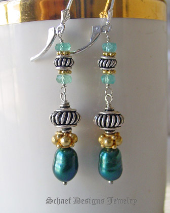 Schaef Designs designer freshwater teal pearls, apatite, & sterling silver with gold vermeil accents dangle earrings | artisan handcrafted upscale online jewelry gallery boutique | Schaef Designs Gemstone & pearl Jewerly | Signature Collection | San Diego, CA