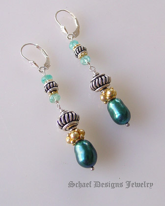 Schaef Designs designer freshwater teal pearls, apatite, & sterling silver with gold vermeil accents dangle earrings | artisan handcrafted upscale online jewelry gallery boutique | Schaef Designs Gemstone & pearl Jewerly | Signature Collection | San Diego, CA  