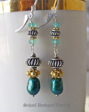  Schaef Designs designer freshwater teal pearls, apatite, & sterling silver with gold vermeil accents dangle earrings | artisan handcrafted upscale online jewelry gallery boutique | Schaef Designs Gemstone & pearl Jewerly | Signature Collection | San Diego, CA 