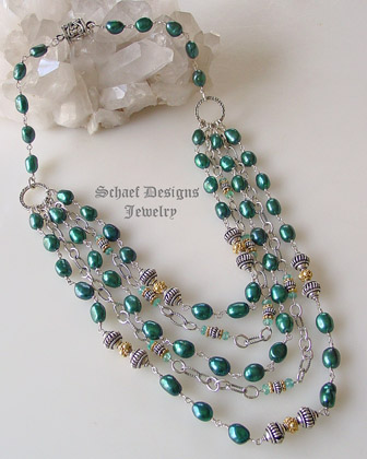 Schaef Designs designer freshwater teal pearls, apatite, & sterling silver figaro chain bib necklace with gold vermeil accents | artisan handcrafted upscale online jewelry gallery boutique | Schaef Designs Gemstone & pearl Jewerly | Signature Collection | San Diego, CA   
