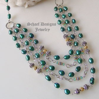 Schaef Designs designer freshwater teal pearls, apatite, & sterling silver figaro chain bib necklace with gold vermeil accents | artisan handcrafted upscale online jewelry gallery boutique | Schaef Designs Gemstone & pearl Jewerly | Signature Collection | San Diego, CA  