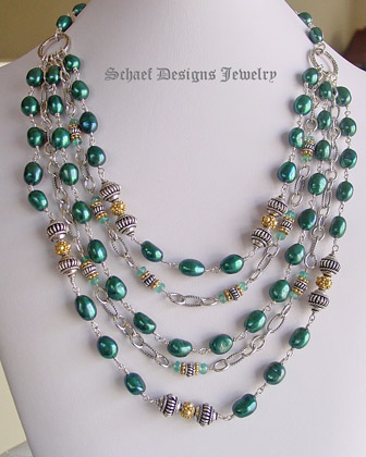 Schaef Designs designer freshwater teal pearls, apatite, & sterling silver figaro chain bib necklace with gold vermeil accents | artisan handcrafted upscale online jewelry gallery boutique | Schaef Designs Gemstone & pearl Jewerly | Signature Collection | San Diego, CA
