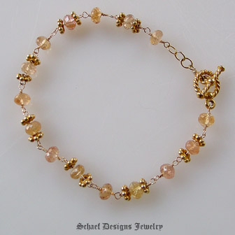 Irridescent Pink to Peach Freshwater Pearls, Imperial Topaz & 22kt Gold Vermeil Bracelet  | Online upscale artisan handcrafted pearl & gemstone jewelry boutique | Schaef Designs Pearl Jewelry | San Diego, CA 