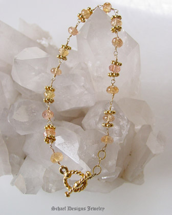 Irridescent Pink to Peach Freshwater Pearls, Imperial Topaz & 22kt Gold Vermeil Bracelet  | Online upscale artisan handcrafted pearl & gemstone jewelry boutique | Schaef Designs Pearl Jewelry | San Diego, CA