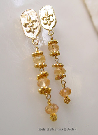 Imperial Topaz & 22kt Gold Vermeil Fleur de lis Earrings  | Online upscale artisan handcrafted pearl & gemstone jewelry boutique | Schaef Designs Pearl Jewelry | San Diego, CA 