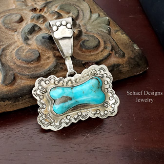 Turquoise Dog Bones on Stamped Silver Dog Bone Dog Tag | Schaef Designs In Dog We Trust Collection | by Bobby Schaefer | Dog Jewelry | online pet jewelry boutique |Exclusive Bobby Schaefer Designs Copywritten all rights reserved | New Mexico 