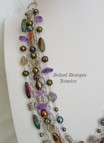 Schaef Designs amethyst, olive quartz, pearl & sterling silver figaro chain multi strand bib necklace | New Mexico 