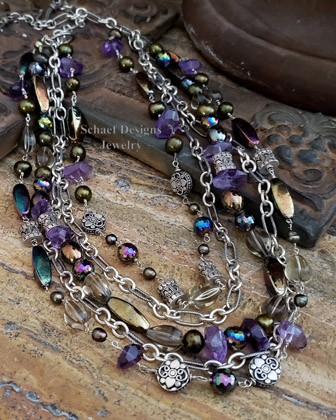 Schaef Designs amethyst, olive quartz, pearl & sterling silver figaro chain multi strand bib necklace | New Mexico 