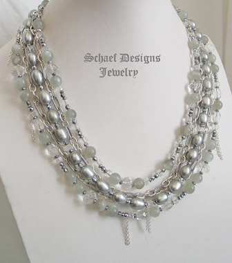Schaef Designs Gray Pearl, Moonstone, Hematite, Crystal & Sterling Silver Figaro Chain 5 strand bib necklace | New Mexico 
